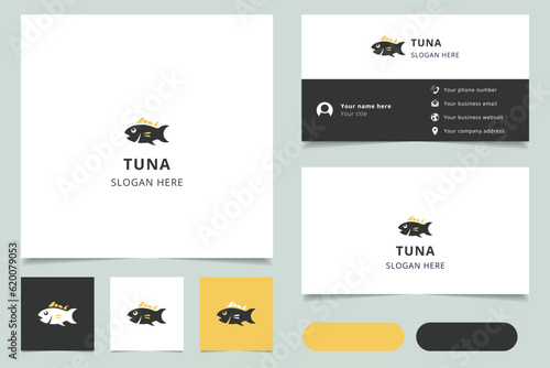 Tuna logo design with editable slogan. Branding book and business card template.