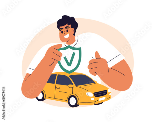 Car insurance concept. Happy person with safety shield for auto risk protection, automobile security. Smiling man and insured transport. Flat vector illustration isolated on white background