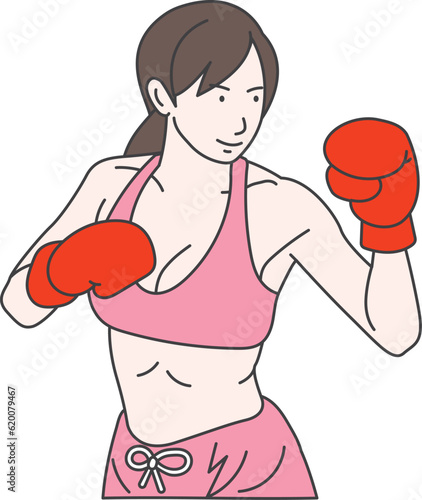 Oriental woman training with red boxing gloves.