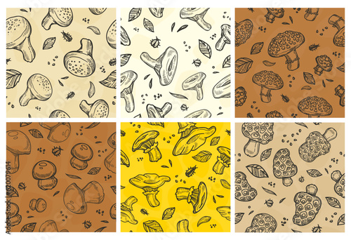 Decorative pattern set with hand drawn mushrooms