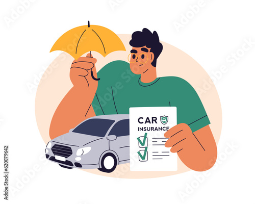 Car insurance concept. Auto risks policy, safety and protection document. Man driver, automobile owner caring about insured vehicle, transport. Flat vector illustration isolated on white background