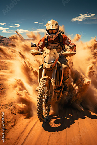 enduro motorcycles racing in a desert with dunes , ai generative