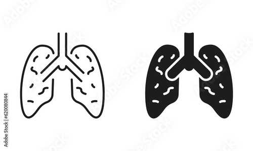 Inflammatory Condition of Lungs Symbol Collection. Human Internal Organ Line and Silhouette Icon Set. Pneumonia, Asthma, Viral Disease. Pneumonia Lungs Sign. Isolated Vector illustration