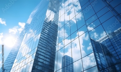 Reflective skyscrapers  business office buildings. Low angle photography of glass curtain wall details of high-rise buildings.The window glass reflects the blue sky and white clouds. Generative AI