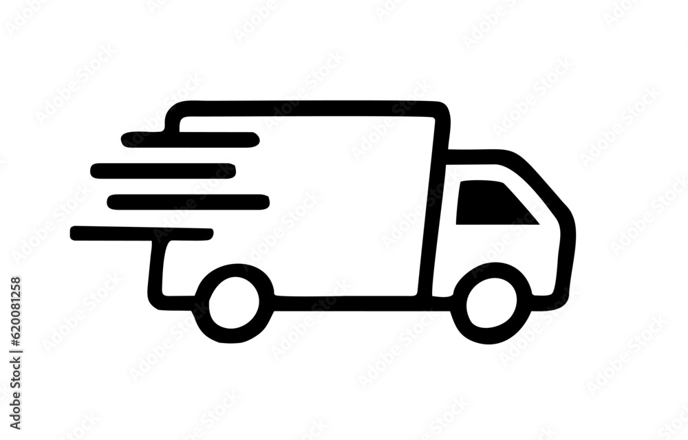 Fast moving shipping delivery truck line art vector icon for transportation apps and websites. Vector illustration isolated on transparent background - obrazy, fototapety, plakaty 