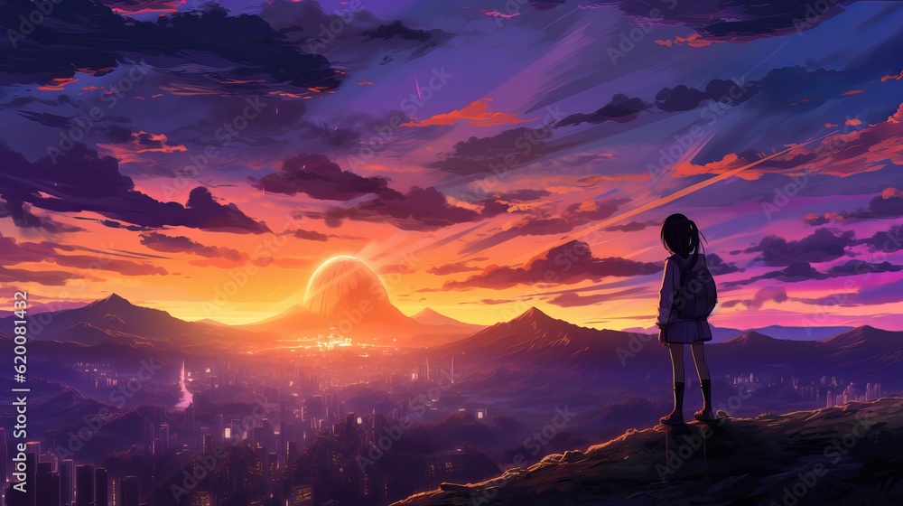 Silhouette of a girl in the mountains - Dusk's serenade: anime girl silhouette overlooking cityscape 4K artwork, wallpaper, Generative AI
