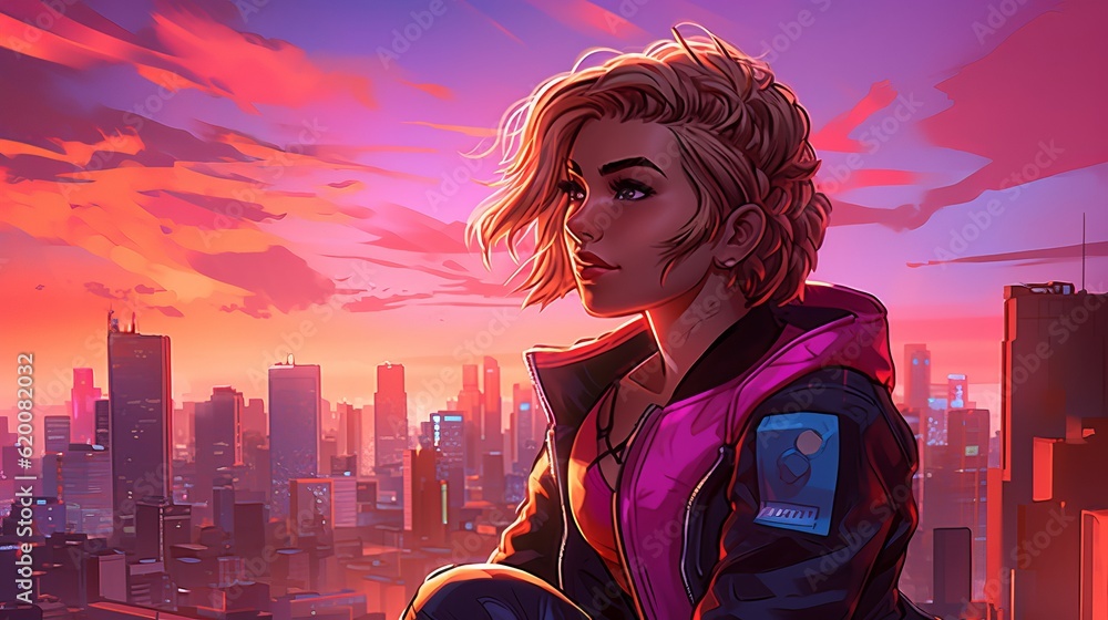 Retro-Futuristic wonder: anime girl stands amidst neon cityscape at vibrant sunset in digital artwork, wallpaper, Generative AI Retro-Futuristic wonder: anime girl stands amidst neon cityscape at vibrant sunset in digital artwork, wallpaper, Generative AI