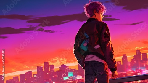 Futuristic vibes: anime boy explores neon-lit rooftop against synthwave sunset in detailed digital illustration, wallpaper, Generative AI