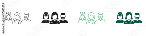 Medical Specialists Group Black and Color Pictogram. Healthcare Professional Hospital Staff Symbol Collection. Doctors and Nurse Team Line and Silhouette Icon Set. Isolated Vector Illustration