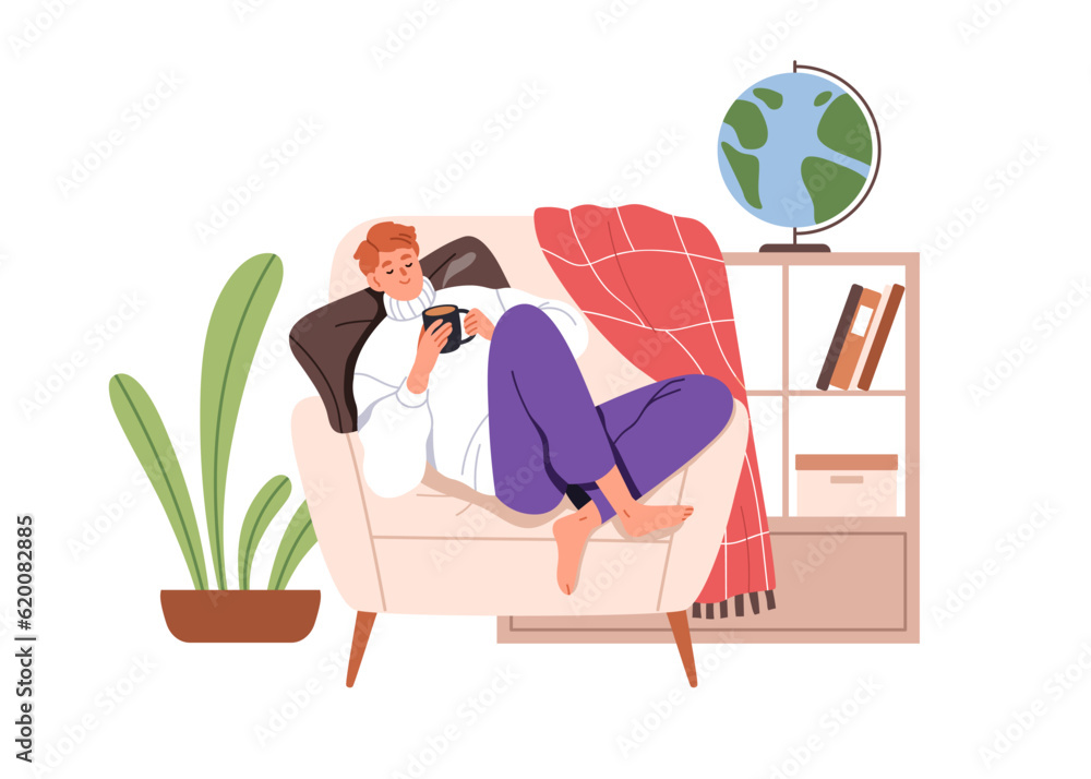 Person relaxing at home, sleeping in cozy armchair, drinking coffee from cup. Happy man in warm sweater resting in comfy chair, napping. Flat graphic vector illustration isolated on white background Person relaxing at home, sleeping in cozy armchair, drinking coffee from cup. Happy man in warm sweater resting in comfy chair, napping. Flat graphic vector illustration isolated on white background