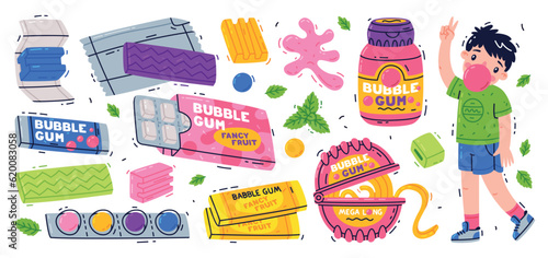Bubble Gum and Sweet Chewing Gum Vector Set