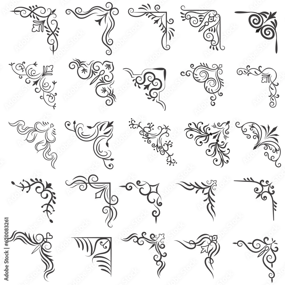Vector illustration of decorative corner frame set. Set Hand Draw of Corners Different Shapes Flower Decoration Vector Design Doodle Sketch Style For Wedding And Banner Vector illustration of decorative corner frame set. Set Hand Draw of Corners Different Shapes Flower Decoration Vector Design Doodle Sketch Style For Wedding And Banner