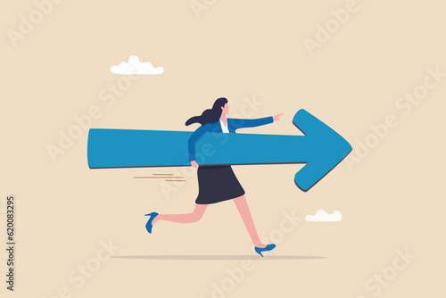 Move forward for success future, business direction, determination or courage, career path or way to success, opportunity or mission concept, confidence businesswoman running with arrow direction.