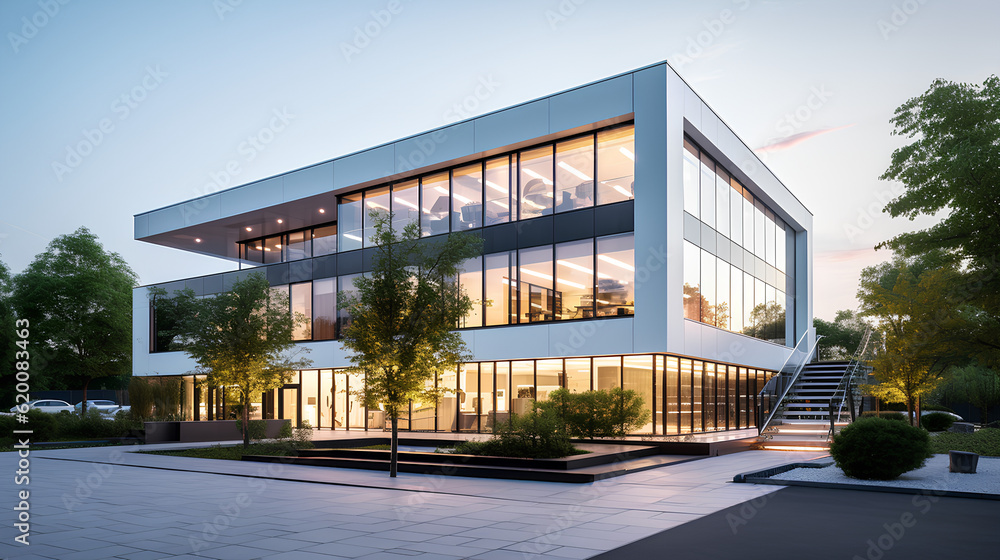 Photo of a modern office building with a sleek and minimalist design. Generative AI technology Photo of a modern office building with a sleek and minimalist design. Generative AI technology