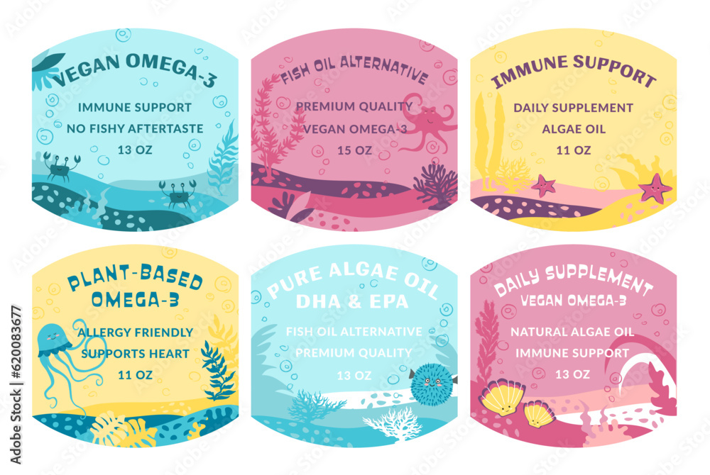 Sticker design set for omega-3 supplement package Sticker design set for omega-3 supplement package