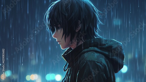 Person in the rain - Melancholic anime boy standing in rain - captivating 4K digital illustration, wallpaper, Generative AI © Ameer