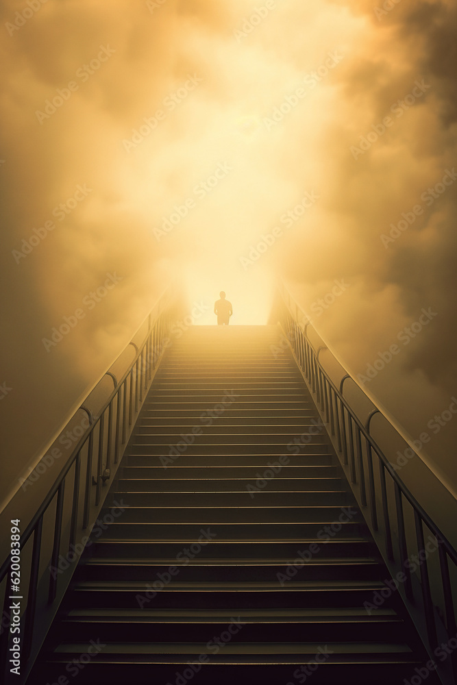 Stairs to heavens and silhouette of a human on the top. Beautiful artwork generated by Ai Stairs to heavens and silhouette of a human on the top. Beautiful artwork generated by Ai