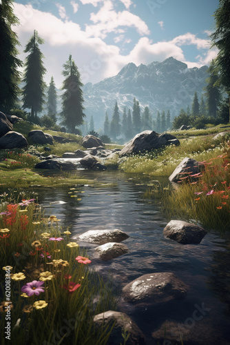 Peaceful landscape  stream in the mountains