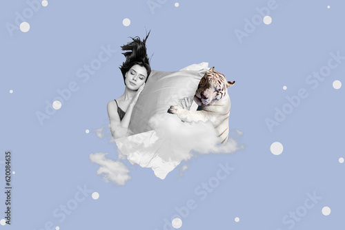 Photography Banner image collage magazine template of calm tender girl lying comfort pillow