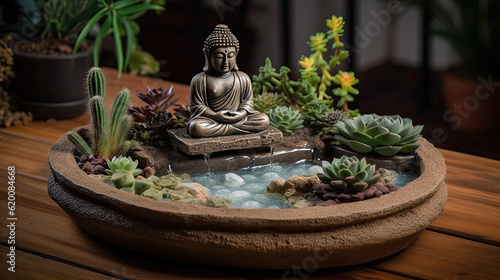 Buddha Fountain in a Calming Zen Garden