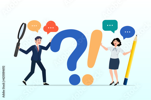 Businessman and woman with exclamation mark, question mark with speech bubble conversation, question and answer, FAQ, frequently asked questions or problem solving, solution or support idea (Vector)