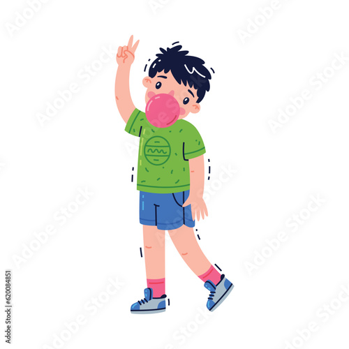 Little Boy Standing Blowing Bubble Gum Vector Illustration