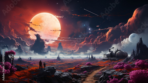 Eary Sci fi background with planets, clouds. Dramatic sunset over an alien landscape with flowers, clouds, and colorful vegetation. Wallpaper hd, 4k, 8k Orange Background | Fantasy background