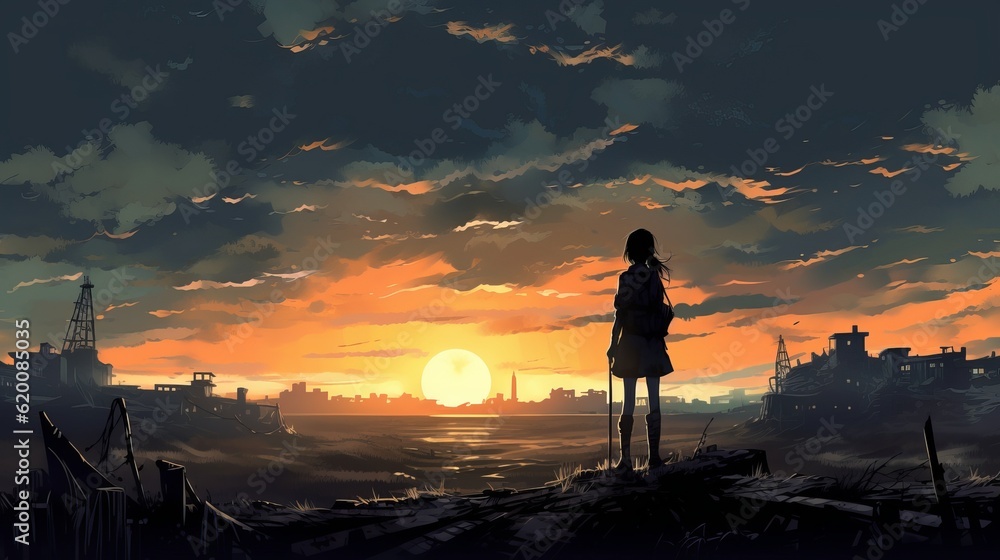 Silent echoes: captivating black and white photograph depicts anime girl in post-apocalyptic landscape, wallpaper, Generative AI