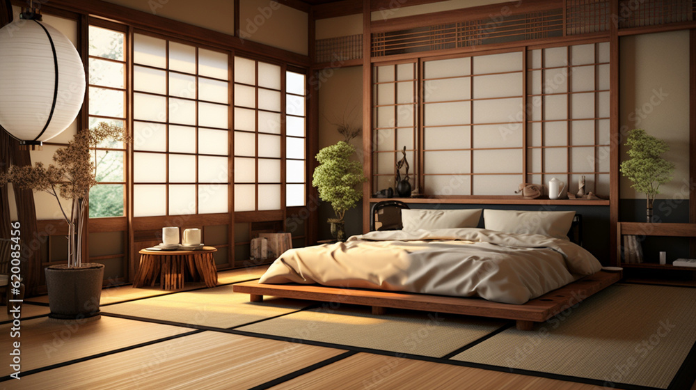 Japanese-style living room with low bed white bed sheet stand grid wall ...