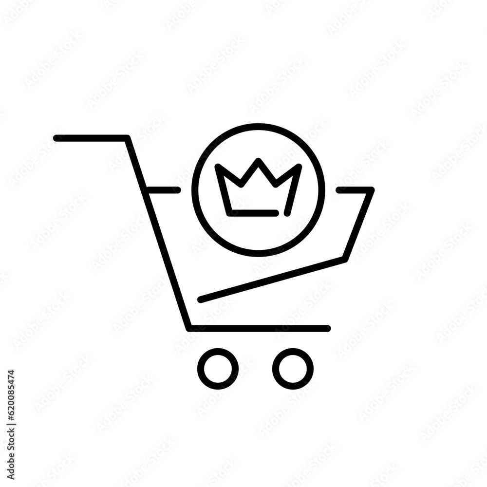 Premium member shopping. Crown in a shopping cart. Pixel perfect, editable stroke icon Premium member shopping. Crown in a shopping cart. Pixel perfect, editable stroke icon