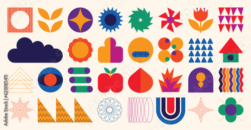 Set of abstract retro geometric shapes vector. Collection of contemporary figure, home, flower, cloud in 70s groovy style. Bauhaus Memphis design element perfect for banner, print, stickers, decor.