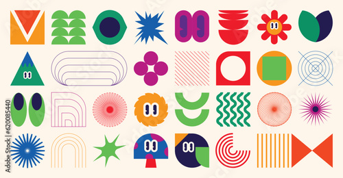 Set of abstract retro geometric shapes vector. Collection of contemporary figure, mushroom, flower, eye in 70s groovy style. Bauhaus Memphis design element perfect for banner, print, stickers, decor.