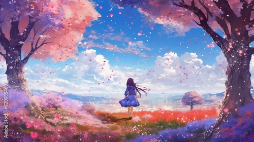 Girl in the forest - Blossoms of youth: 4K digital artwork depicts anime school girl's lively school life, wallpaper, Generative AI