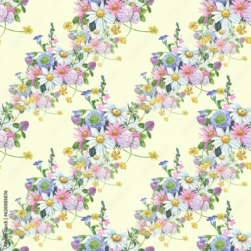 Seamless pattern. Chamomile and various wildflowers - a decorative composition. Watercolor illustration. Decorative composition. Use printed materials, signs, objects, sites, maps.