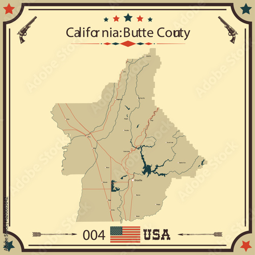 Large and accurate map of Butte County, California, USA with vintage colors.