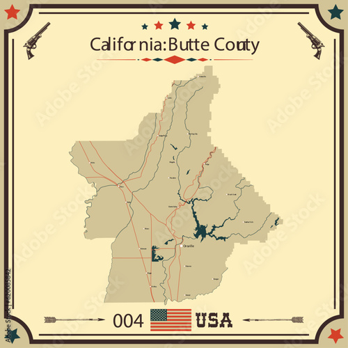 Large and accurate map of Butte County, California, USA with vintage colors. photo