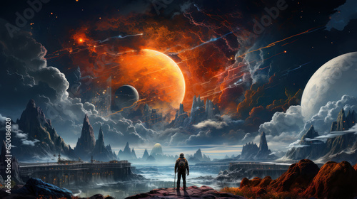 Illustration of interstellar explorer standing on the surface of a planet, overlooking a chasm and a sky full of planetary bodies. 16:9 