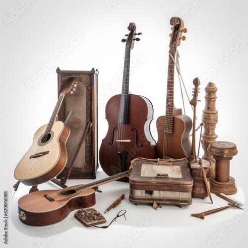 Set of musical instruments including guitar, violin, drum 