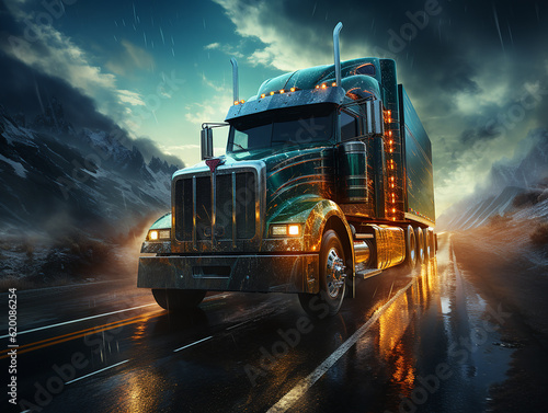 a white truck on highway  with galaxy background  insane detail made by AI generative photo