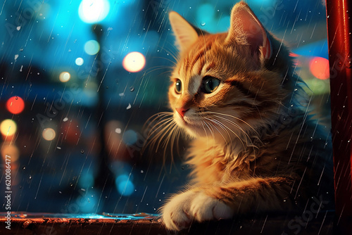 Sad wet kitten in the rain on a city street at night. Abandoned cat. Generative AI.