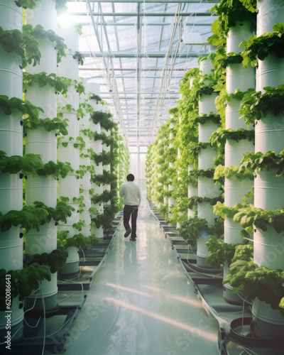 Aeroponics vertical farming of vegetables in greenhouse with natural sunlight, modern agriculture climate controlled indoor environment space saving farm Ai generated