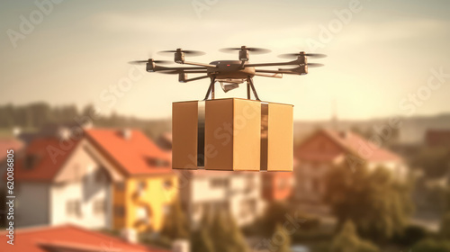 Flying drone delivers a package in the city.