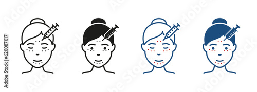Woman Facial Injection Line and Silhouette Icon Set. Cosmetology Skin Care for Face Pictogram. Filler, Acid, Mesotherapy, Anti Aging Procedure Symbol Collection. Isolated Vector Illustration