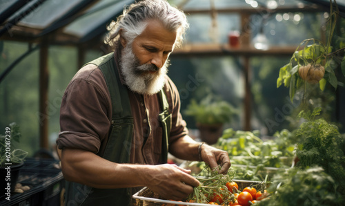 Mature man sorting out his fresh homegrown organic vegetables produce to sell at the farmers market, small farm homestead permaculture farming methods AI generated