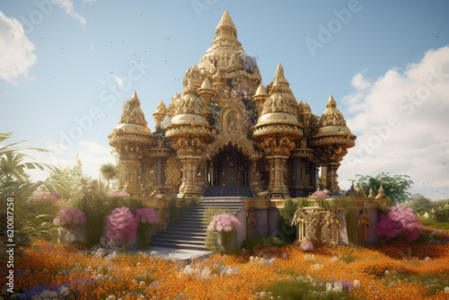 Temple concept art painting 3d illustration with flower garden