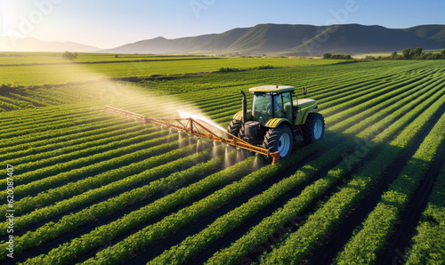 Farmer in tractor spraying fertiliser over crops, arable farming farmland landscape in fertile valley surrounded by mountains, agricultural monoculture farm AI generated