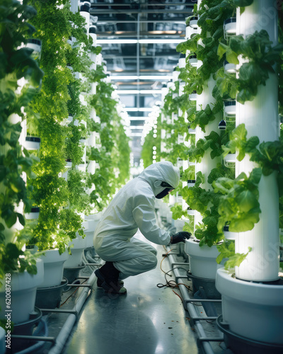 Farm technician at indoor vertical farm growing lettuce heads, aeroponics farming with grow lights modern greenhouse production future of farming generative AI
