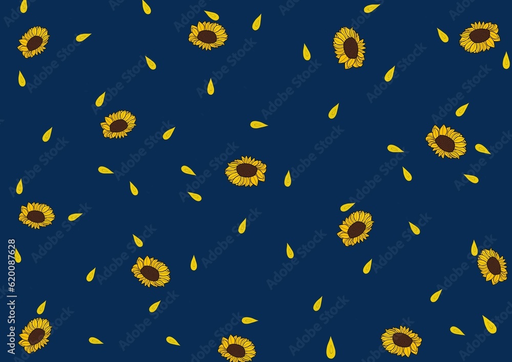 seamless pattern with sunflowers and leaves on dark background