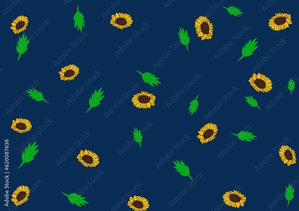 Pattern with sunflowers and leaves on dark background