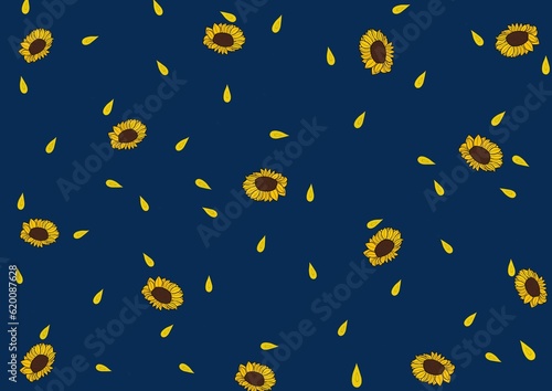 seamless pattern with sunflowers and leaves on dark background